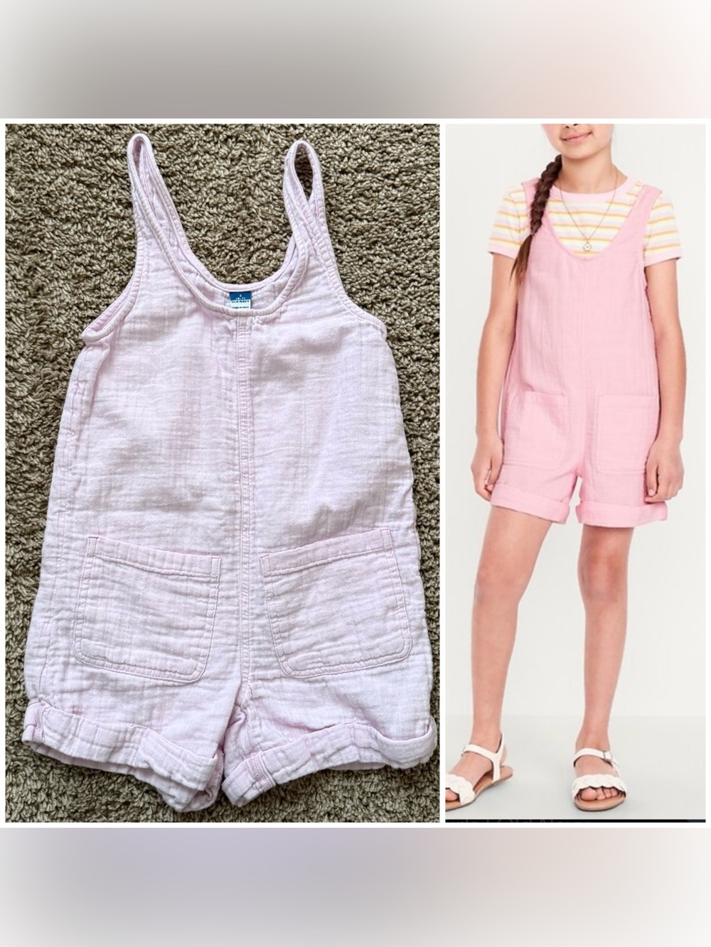 Old Navy Girls Pink Cotton Short Overalls Romper Size 6–7